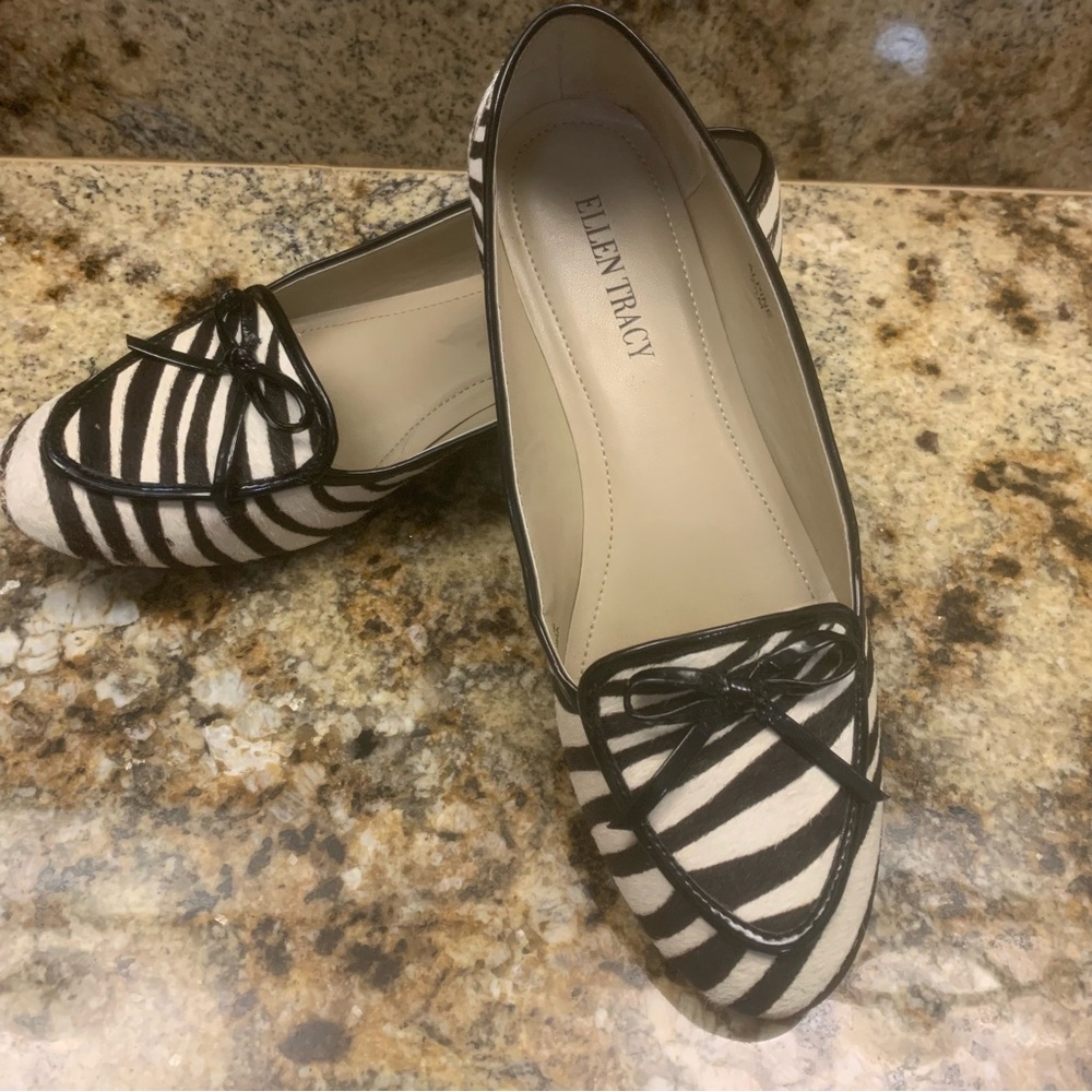 Ellen Tracy 7.5 Black & White Zebra Print Women's Shoes Loafers Cow Hair Flats